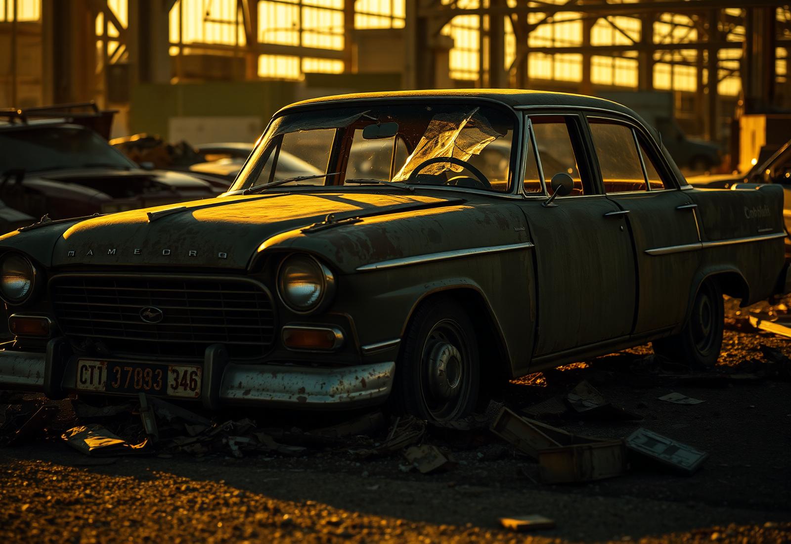 Junk car in industrial yard at golden hour