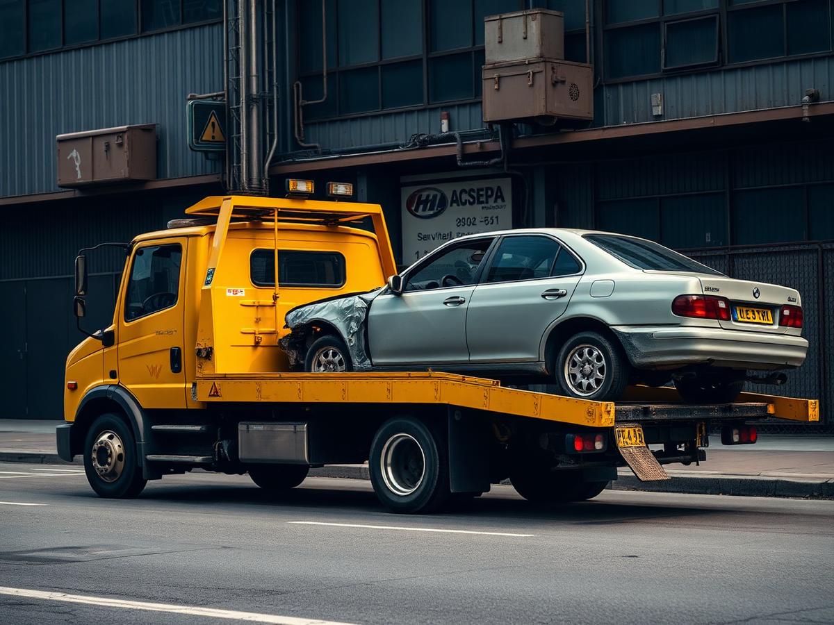 Yellow flatbed tow truck loading a junk car
